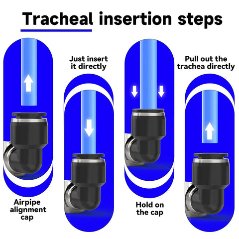 Diagram showing tracheal insertion steps for Six Pack 3/8 Inch OD to 3/8 Inch NPT Male Elbow Push to Connect Fittings for Pneumatic Air Lines
