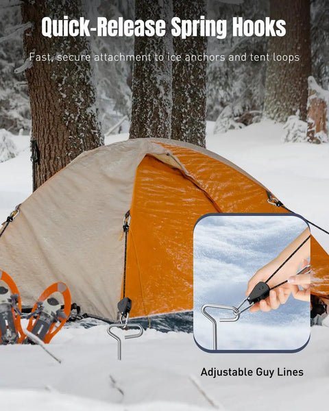 All In One Ice Anchor Tool Kit With 10 Pieces Including 4 Ice Screw Anchors, Quick-Release Spring Hooks securing a tent