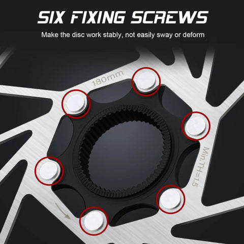 Close-up of Beefy Center Lock Disc Brake Rotor 180mm stainless steel with six screws for MTB and Road Bike.