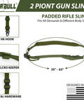 Quick Adjust 2 Point Rifle Sling With HK Hook Padded Shoulder Pad Hands Free Carry For Rifle Shotgun Crossbow Easy Quick Release Buckle Outdoor Hunting Gear Army Green with Velcro keeper and metal hardware