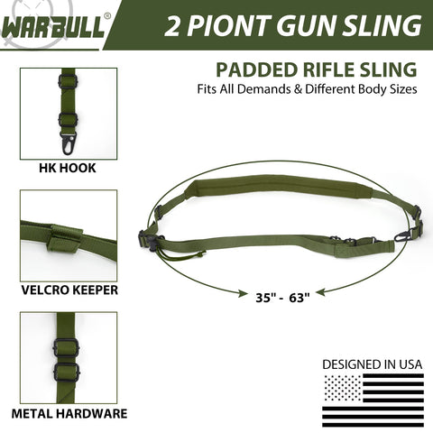 Quick Adjust 2 Point Rifle Sling With HK Hook Padded Shoulder Pad Hands Free Carry For Rifle Shotgun Crossbow Easy Quick Release Buckle Outdoor Hunting Gear Army Green with Velcro keeper and metal hardware