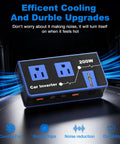 Tailgate Ready 200W Car Power Inverter With Dual 110V AC Outlets And Rapid 24W USB-C Charging For Weekend Warriors And Laptop Power On The Go Sleek Blue Finish, showing cooling fan and dual sockets.