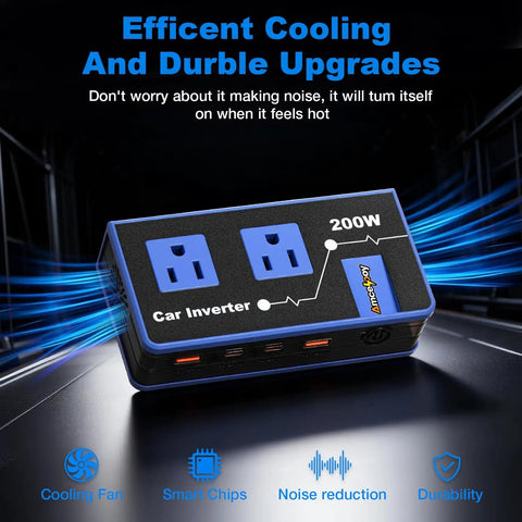 Tailgate Ready 200W Car Power Inverter With Dual 110V AC Outlets And Rapid 24W USB-C Charging For Weekend Warriors And Laptop Power On The Go Sleek Blue Finish, showing cooling fan and dual sockets.