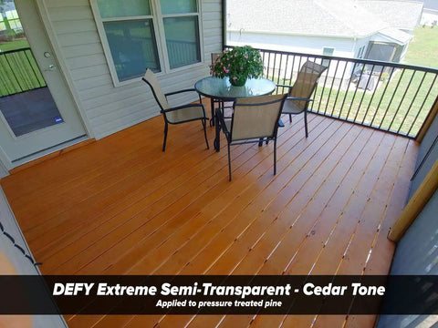 All In One Wood Stain And Sealer For Outdoor Wood Projects Semi Transparent Waterproof Finish In Cedar Tone Protects All Wood Types From Moisture Prevents Graying Extends Exterior Wood Life 1 Gallon on a deck