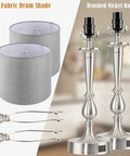 Set Of 2 Touch Control Table Lamps With Dual USB Charging Ports, nickel base, grey fabric drum shades, parts shown separately