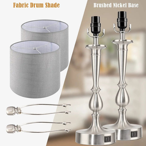 Set Of 2 Touch Control Table Lamps With Dual USB Charging Ports, nickel base, grey fabric drum shades, parts shown separately