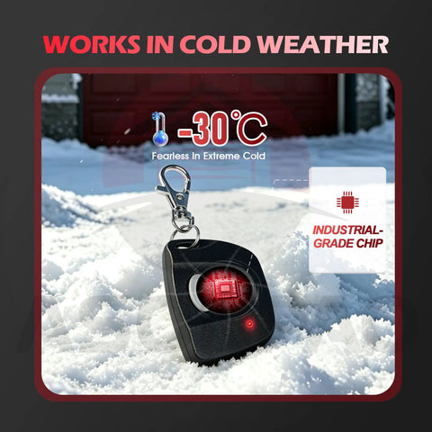 Two Pack Delta 3 310MHz Garage Door Remote Replacement With 8 Dip Switches on snow demonstrating cold weather resistance