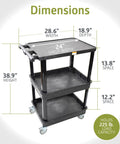 Three Shelf Mobile Utility Cart With Two Bins And Locking Wheels, Heavy Duty Plastic Rolling Cart with dimensions highlighted