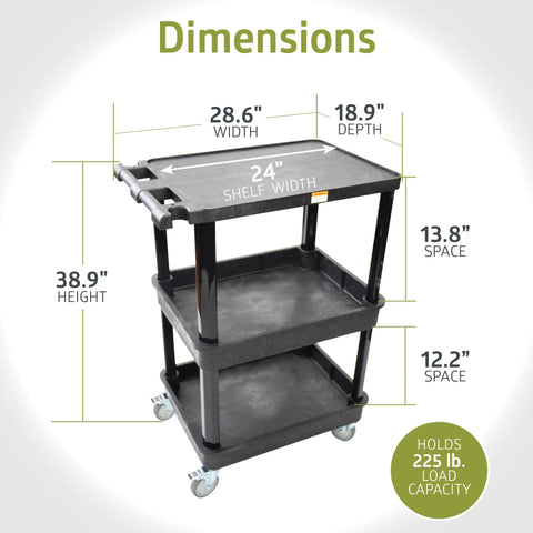 Three Shelf Mobile Utility Cart With Two Bins And Locking Wheels, Heavy Duty Plastic Rolling Cart with dimensions highlighted