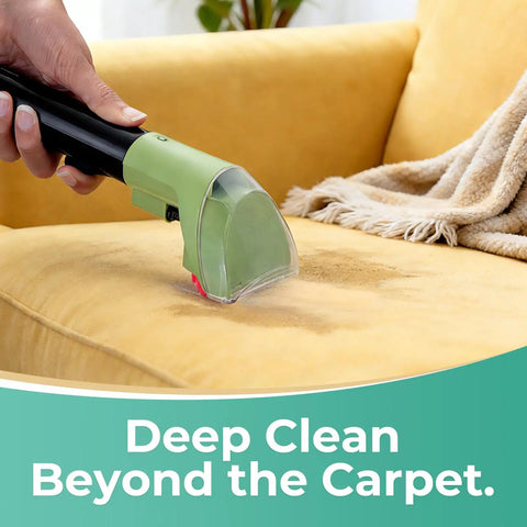 Using Replacement 3 Inch Heavy Duty Grime Busting Stain Brush Head for Portable Carpet And Upholstery Cleaners on sofa.