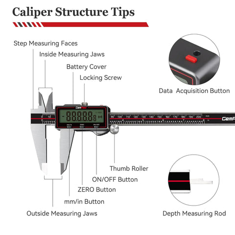 Wireless Digital Caliper 8 Inch Stainless Steel Pro Grade Measuring Tool With labeled components and data output feature.
