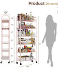 Premium Six Tier Rolling Storage Cart With Swivel Wheels, showing dimensions 10D x 22.8W x 61H, loaded with kitchen items.