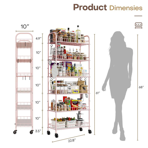 Premium Six Tier Rolling Storage Cart With Swivel Wheels, showing dimensions 10D x 22.8W x 61H, loaded with kitchen items.