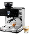 One Touch Auto Grind Espresso Machine With Smart Dosing And Brushed Stainless Steel Finish with espresso shot in glass.