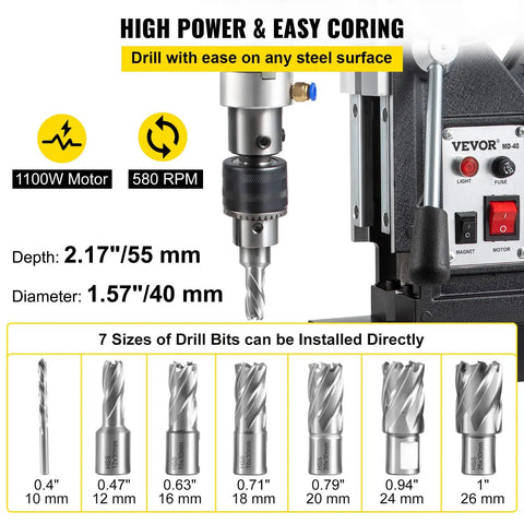 Beefy Magnetic Drill Press 1100W With 1.6 Inch Boring Diameter 580 RPM displaying drill bits and power specifications