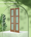 Double 24x84 Inch Glass Barn Doors With 48 Inch Opening, 8 Ft Hardware Kit And Handle Included, 3 Panel Frosted Glass, LVL Wood Panel