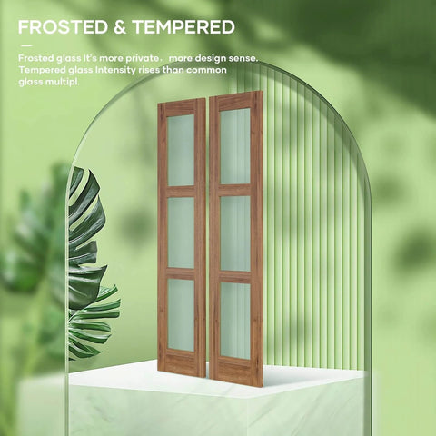Double 24x84 Inch Glass Barn Doors With 48 Inch Opening, 8 Ft Hardware Kit And Handle Included, 3 Panel Frosted Glass, LVL Wood Panel