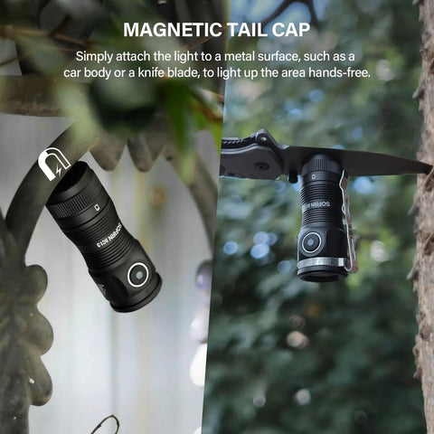 Tiny But Mighty EDC Flashlight Rechargeable 1300 Lumens with magnetic tail cap attached to metal surfaces