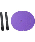 Heavy Duty Bench Mount Lawn Mower Blade Sharpener With A Rock Solid Seven Inch Ceramic Grinding Wheel and Five Hundred Watt Motor accessories including two purple grinding wheels and two black mounting brackets.