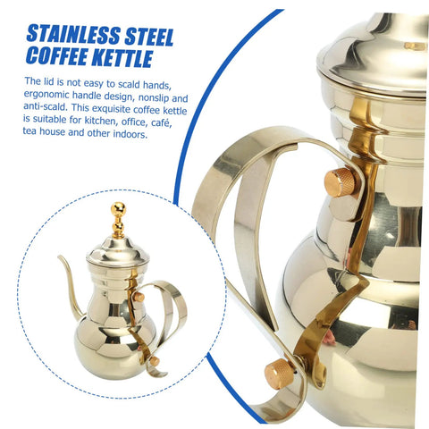 Arabic Coffee Pot Hand Drip Kettle For Manual Coffee Maker Turkish Style Pour Over Brewer Long Anti Drip Spout Boiling Kettle For Kitchen And Camping Durable Material High Temperature Resistant Healthy Interior in stainless steel with ergonomic handle and decorative lid. Side view.