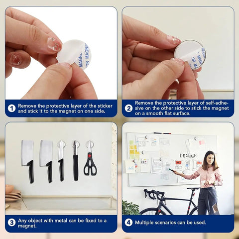 Hands demonstrating Heavy Duty Neodymium Disc Magnets 6 Pack With Double Sided Adhesive Backing for easy application and use.