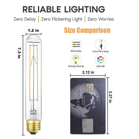 Dimmable E26 LED Light Bulb 6W Equal 60W Incandescent size comparison with a credit card, showing reliability and energy-saving features.