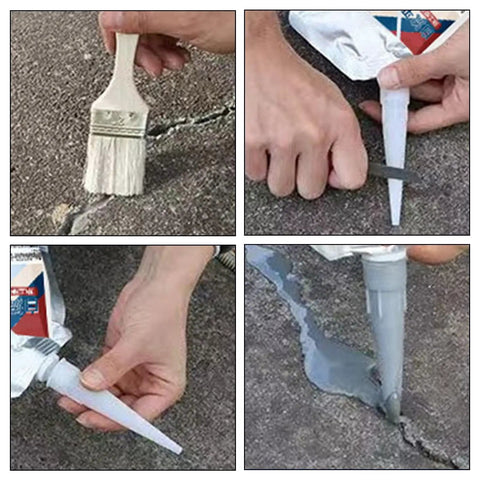Applying Pro Grade Rock Solid Concrete Crack Sealant Waterproof Masonry Repair Adhesive on driveway cracks with brush.