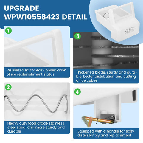 Upgraded WPW10558423 Ice Maker Replacement For Kenmore Maytag Amana IKEA Refrigerators Built To Last And Ready For Everyday Use Includes Ice Maker And Compatibility Guide For Six Point Three Inch Bucket WPW10558424 detail showing lid, blade, stainless steel spiral and handle