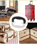 Collage featuring black plastic luggage trunk pull handles set of 6 with mounting screws for suitcases, toolboxes, and briefcases.