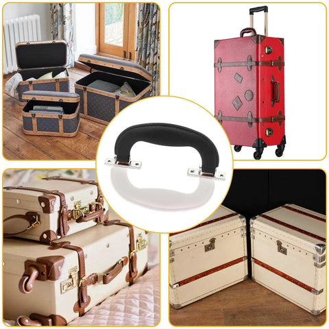 Collage featuring black plastic luggage trunk pull handles set of 6 with mounting screws for suitcases, toolboxes, and briefcases.