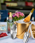 Gold Double Wall Insulated Ice Bucket With Lid And Scoop Keeps Drinks Frosty All Night Long Backyard Bash Essential Heavy Duty Stainless Steel Design. Ice bucket with wine bottle, scoop, and lid.