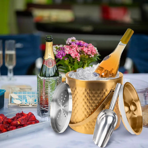 Gold Double Wall Insulated Ice Bucket With Lid And Scoop Keeps Drinks Frosty All Night Long Backyard Bash Essential Heavy Duty Stainless Steel Design. Ice bucket with wine bottle, scoop, and lid.
