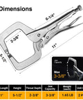 Diagram showing dimensions of 11 Inch Locking C Clamp Pliers Built Tough For Welders And Home Shops Heavy Duty Welding Clamps.