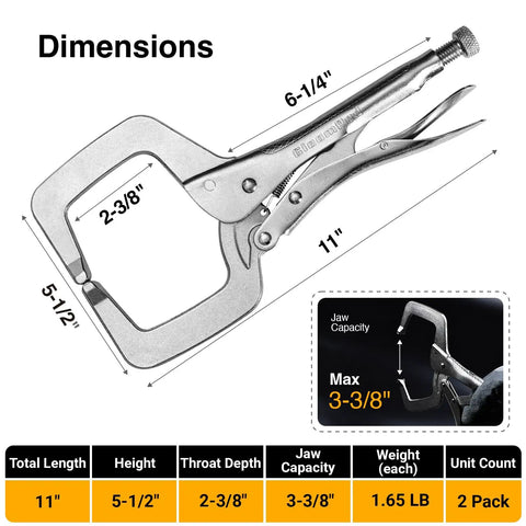 Diagram showing dimensions of 11 Inch Locking C Clamp Pliers Built Tough For Welders And Home Shops Heavy Duty Welding Clamps.