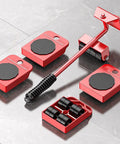 Ergonomic Furniture Lifter And Mover Tool Set With 4 Roller Pad Sliders, includes lifting bar and protective discs.