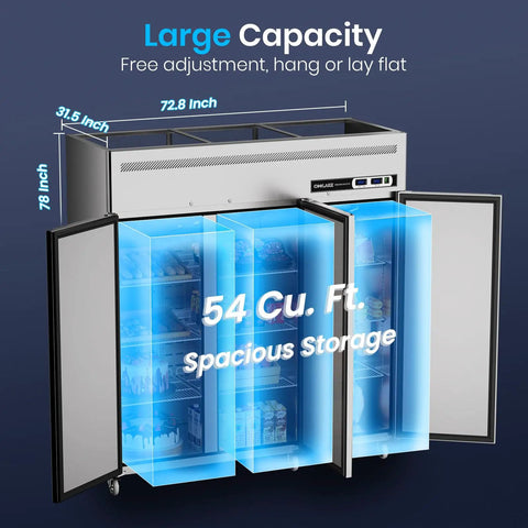 Solid Commercial Upright Freezer And Refrigerator Combo Fifty Four Cubic Feet with three doors and spacious interior for restaurants and kitchens.