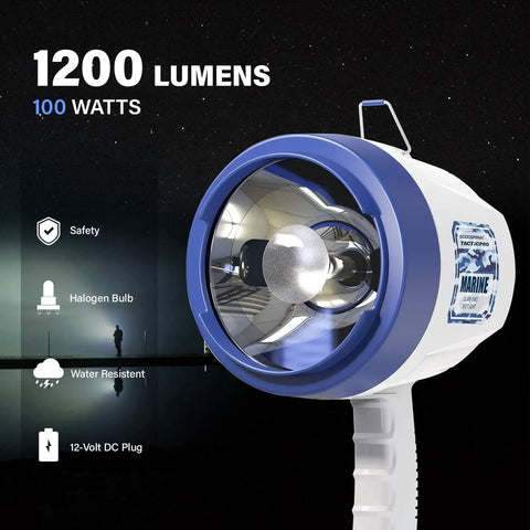 Corded Handheld Boat Spotlight 12V DC Halogen 1200 Lumens Beast Bright Wide Beaming Glare Free Beam Rugged ABS Casing