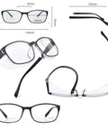 Unisex Blue Light Safety Glasses With Readers 0 To 4 Diopters, clear lenses, TR90 frame, dimensions shown, for work and gaming.