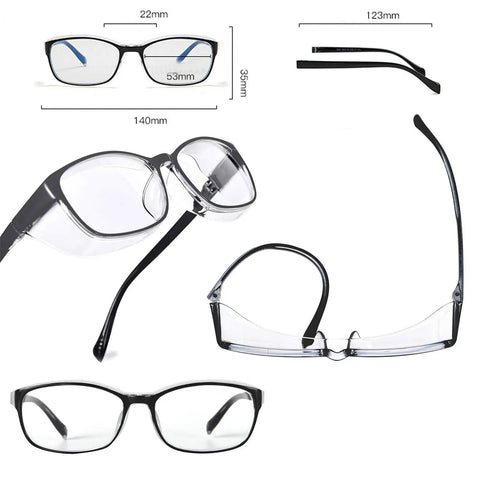 Unisex Blue Light Safety Glasses With Readers 0 To 4 Diopters, clear lenses, TR90 frame, dimensions shown, for work and gaming.