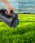 2L Handheld Seed Spreader Fertilizer And Salt Dispenser with wide mouth being held over a green field