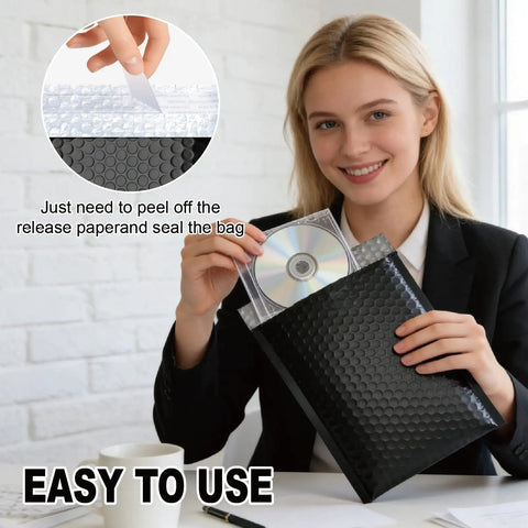 Person using Black 6x10 Inch Bubble Mailers Self Sealing Padded Shipping Envelopes Waterproof Cushioned Mailers Bulk Pack
