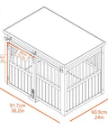 Diagram of EcoFlex Homestead Sliding Barn Door Dog Crate In Antique White Large with dimensions in inches and centimeters.