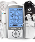 AUVON rechargeable TENS unit front view with eight 2x2 inch electrode pads, USB cable and storage pouch.