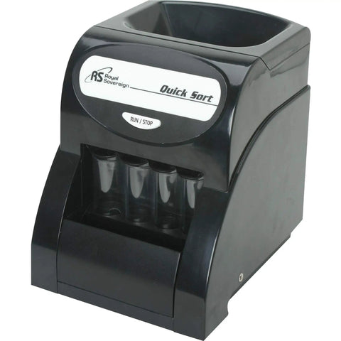 High Performance Electric Coin Sorter With Anti Jam Technology For Rapid One Row Counting and Easy Wrapping, black design.