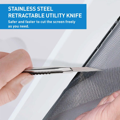 Person using stainless steel retractable utility knife from DIY Five In One Window Screen Repair Kit to cut screen material.