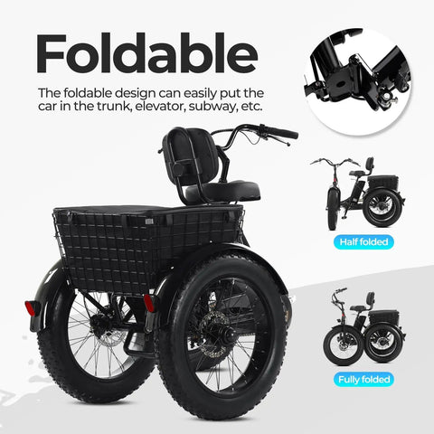 All-Terrain Three-Wheel Electric Tricycle For Adults With 20-Inch Fat Tires, 500W Peak Power, 36V 13Ah Lithium Battery, UL Certified, Foldable 80 Percent Assembled, Easy Off-Road E Bike For Beach Snow Gravel And City Streets, folded