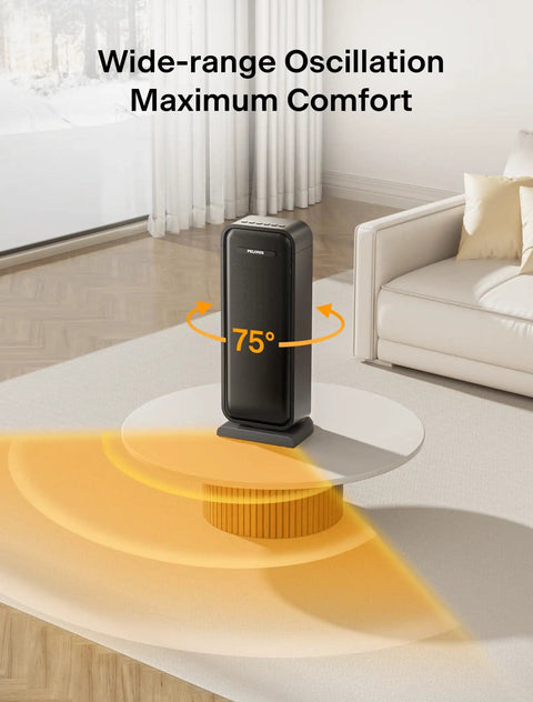 75° oscillating 1500W Portable Ceramic Space Heater on table in living room, showcasing energy-efficient design and quiet operation.