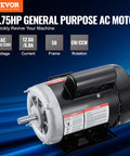 0.75HP Electric Motor With Dual CW CCW Rotation, 1725 RPM, 56 Frame, 5/8 Inch Keyed Shaft, Single Phase 115/230V