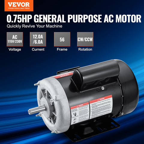 0.75HP Electric Motor With Dual CW CCW Rotation, 1725 RPM, 56 Frame, 5/8 Inch Keyed Shaft, Single Phase 115/230V