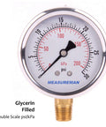 Glycerin Filled Two And A Half Inch Pressure Gauge Dual Scale 0 To 30 Psi And KPa 304 Stainless Steel Case One Quarter Inch NPT Lower Mount